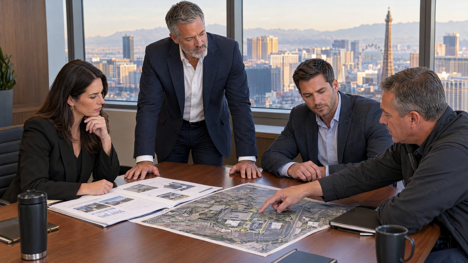 A CTS consultant walking executives through a site assessment and aerial site map
