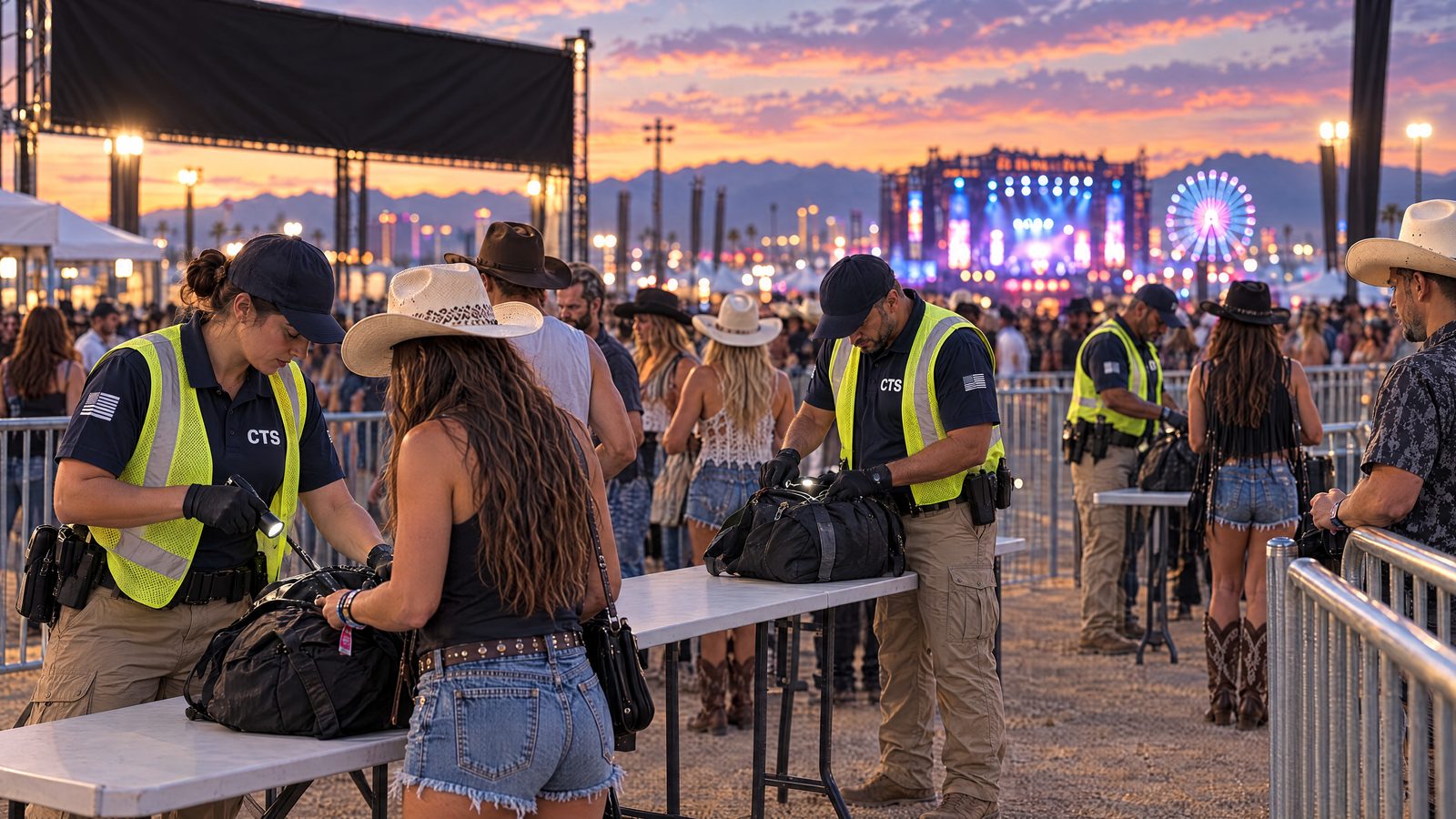 CTS officers in high-visibility vests running bag check at a festival gate at dusk