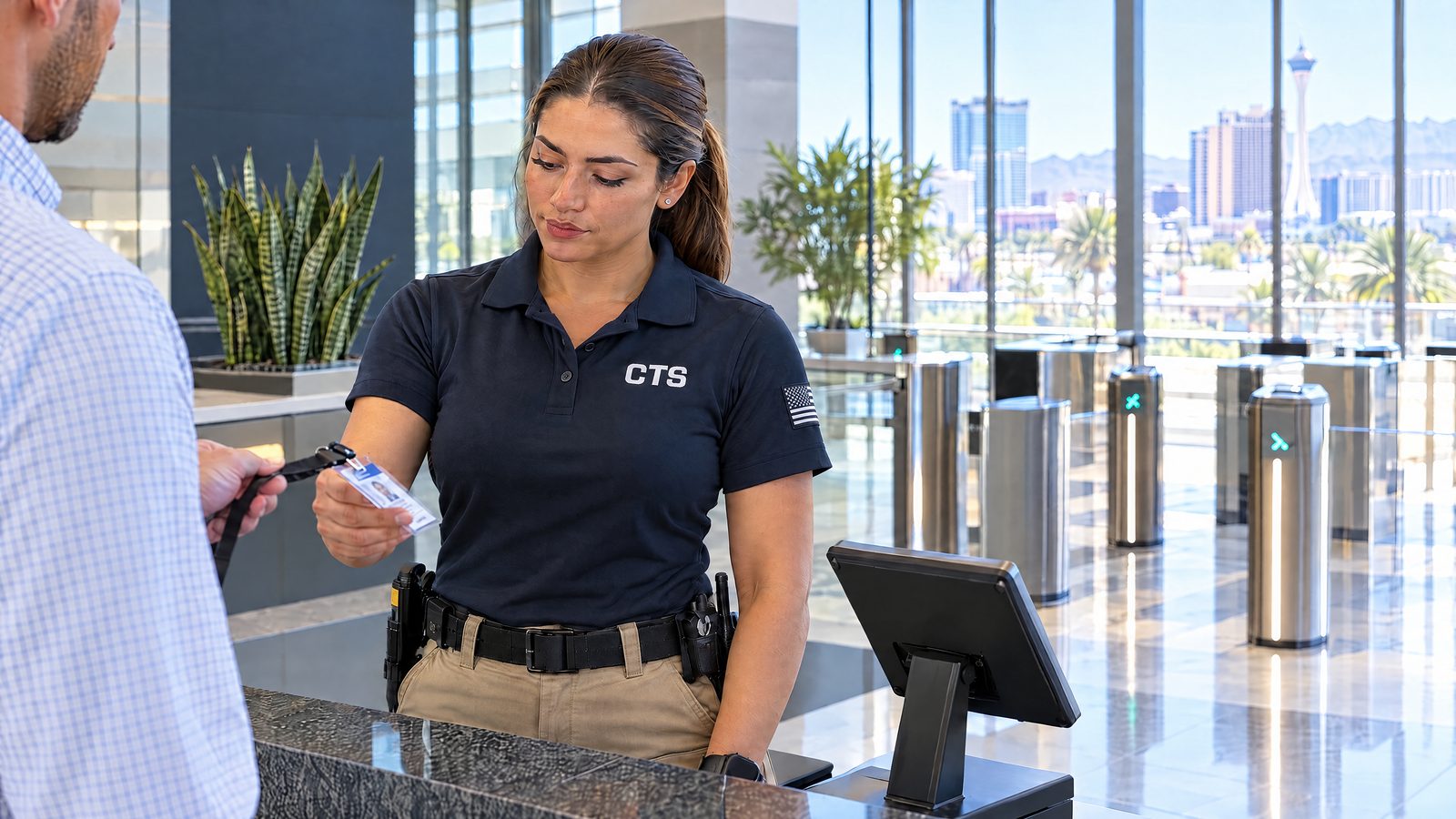 A CTS officer checking a visitor badge at an office lobby access desk