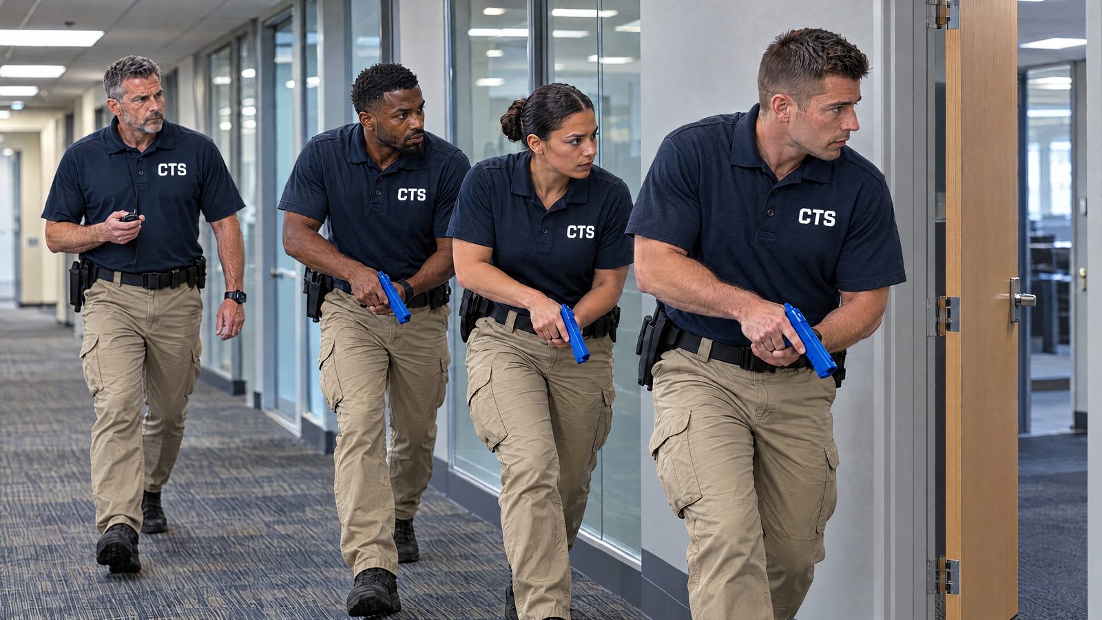 CTS officers running a building-search drill with inert training pistols while an instructor times them